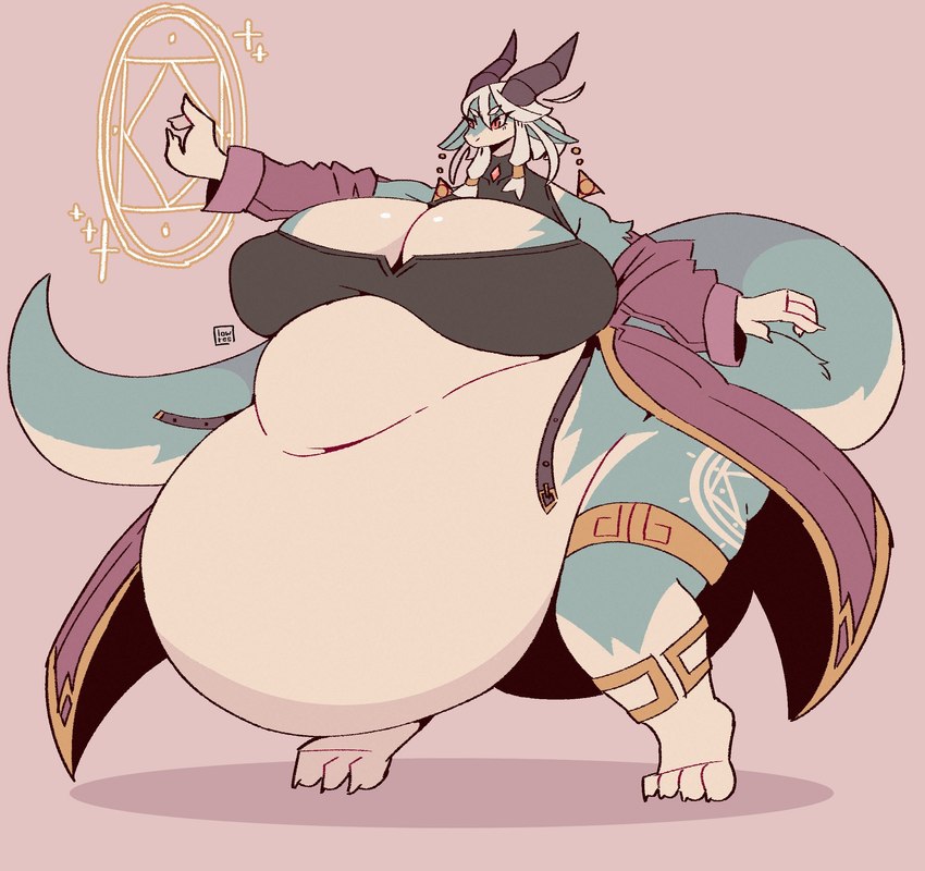 anthro belly big_belly big_breasts big_tail blue_body breasts cleavage clothed clothing ear_piercing female huge_belly huge_breasts huge_tail huge_thighs hyper hyper_belly magic markings morbidly_obese morbidly_obese_anthro morbidly_obese_female multicolored_body obese obese_anthro obese_female overweight overweight_anthro overweight_female piercing robe small_head solo standing tail text thick_thighs topwear white_body low_res_art mythology mona_(low_res_art) dragon mythological_creature mythological_scalie scalie hi_res signature