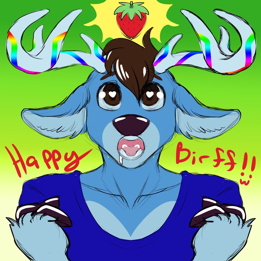 ahegao blue_body blue_clothing blue_fur blue_shirt blue_topwear bodily_fluids brown_eyes brown_hair clothing drooling fist food fruit fur glowing_antlers hair heart_eyes heart_symbol hooves looking_pleasured open_mouth plant saliva shirt simple_background solo strawberry text topwear kikisinkspray archie_b_antlers_(archiehasantlers) deer mammal 1:1 2022 absurd_res digital_drawing_(artwork) digital_media_(artwork) english_text hi_res nonbinary_(lore)