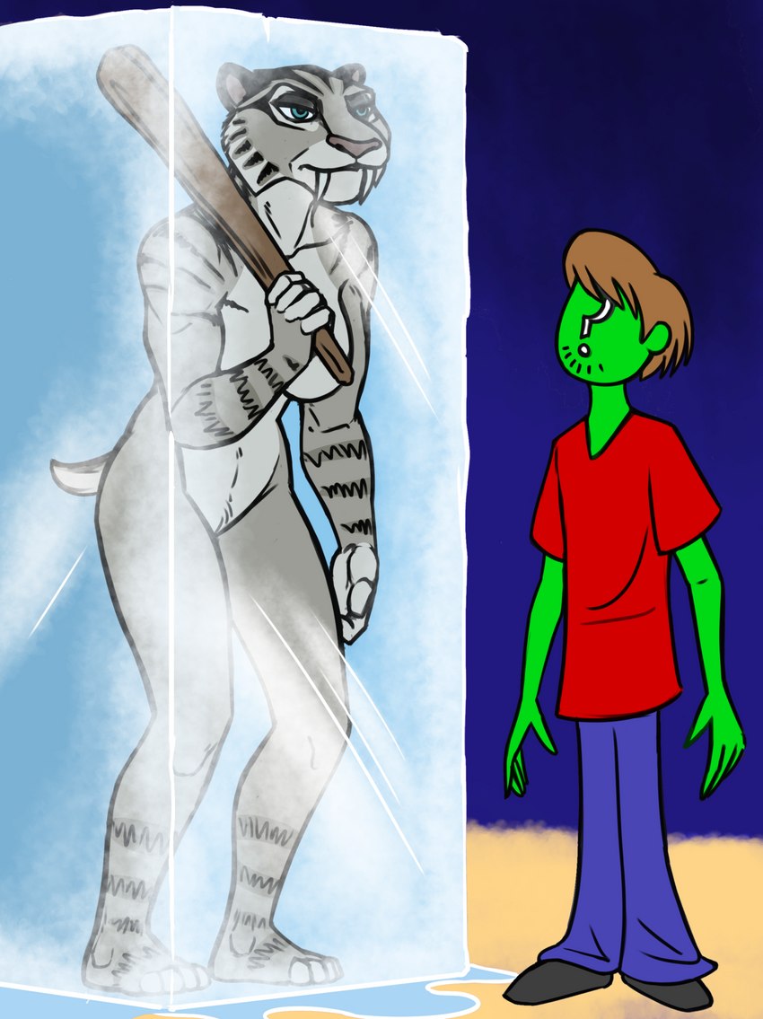 anthro anthrofied bottomwear breasts clothing club_(weapon) duo featureless_breasts featureless_crotch female frozen frozen_solid ice male melee_weapon pants parody shirt simple_background topwear weapon redout third-party_edit blue_sky_studios hanna-barbera ice_age_(series) scooby-doo_(series) skooks youtube youtube_poop anon shaggy_rogers shira_(ice_age) felid human mammal pantherine prehistoric_species saber-toothed_tiger tiger 2021 absurd_res crossover hi_res meme