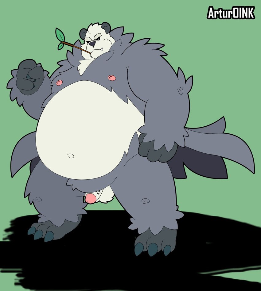 anthro balls belly big_belly black_body black_nose genitals humanoid_genitalia humanoid_hands humanoid_penis male navel nipples overweight overweight_male penis simple_background small_penis solo white_body artur_oink nintendo pokemon generation_6_pokemon pangoro pokemon_(species) 2022 hi_res