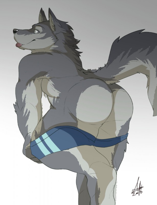 abs anthro bottomwear bottomwear_down butt clothed clothing grey_background looking_at_viewer male mooning muscular muscular_anthro muscular_male pants pants_down partially_clothed pecs presenting presenting_hindquarters rear_view simple_background solo teasing tongue tongue_out ginnosuke canid canine canis mammal wolf hi_res