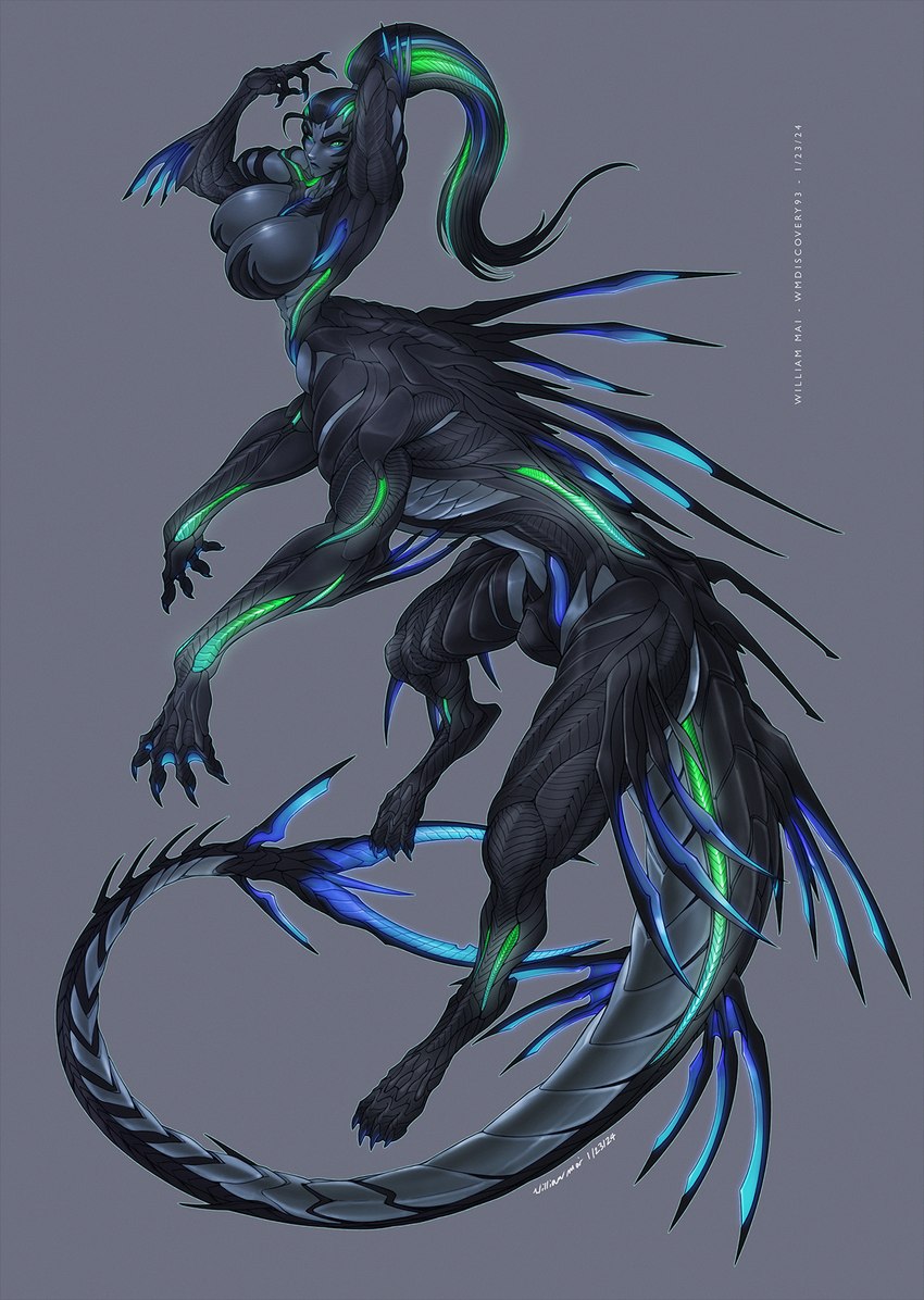 arm_fin bioluminescence cybernetics fin glowing green_eyes hair intersex long_hair long_tail machine ponytail science_fiction tail wmdiscovery93 alien cyborg humanoid_taur taur digital_media_(artwork) hi_res