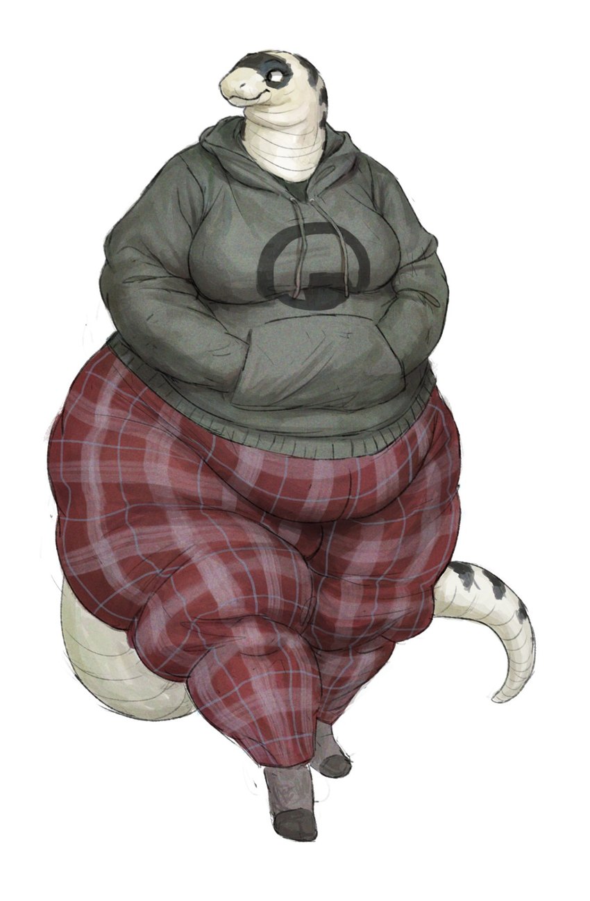 anthro biped bottomwear clothing drawstring fat_rolls female footwear grey_clothing grey_hoodie grey_topwear hand_in_pocket high_waisted_bottomwear hoodie obese obese_anthro obese_female overweight overweight_anthro overweight_female pants pattern_bottomwear pattern_clothing plaid plaid_bottomwear plaid_clothing pockets shirt_logo simple_background socks solo sweatpants topwear walking white_background wide_hips cettus black_mesa half-life valve maeve_gibson california_kingsnake colubrid kingsnake lampropeltini reptile scalie snake 2021 digital_media_(artwork) full-length_portrait hi_res portrait