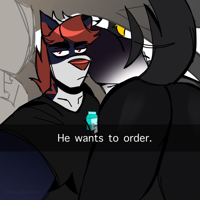 anthro butt cafe duo emotionless male meme_pose ordering_food romantic romantic_couple tail tail_motion walk-w-igny he_wants_to_order snapchat ignatius_walker_(walk-w-igny) igny_superstar sebastian_brighton_(walk-w-igny) canid canine canis mammal wolf 1:1 absurd_res hi_res meme
