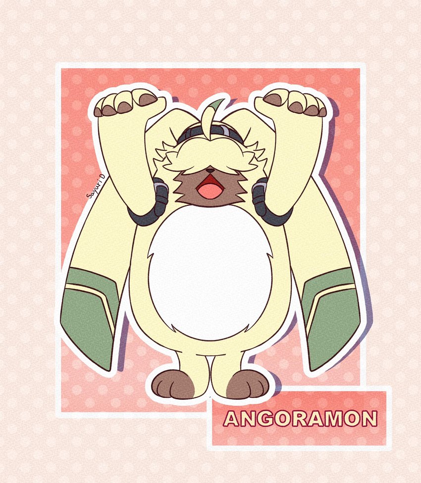 anthro chibi fluffy fur hair hair_over_eyes long_ears male ponytail_ears solo yellow_body yellow_fur liliana86973943 bandai_namco digimon digimon_ghost_game angoramon digimon_(species) lagomorph leporid mammal rabbit hi_res