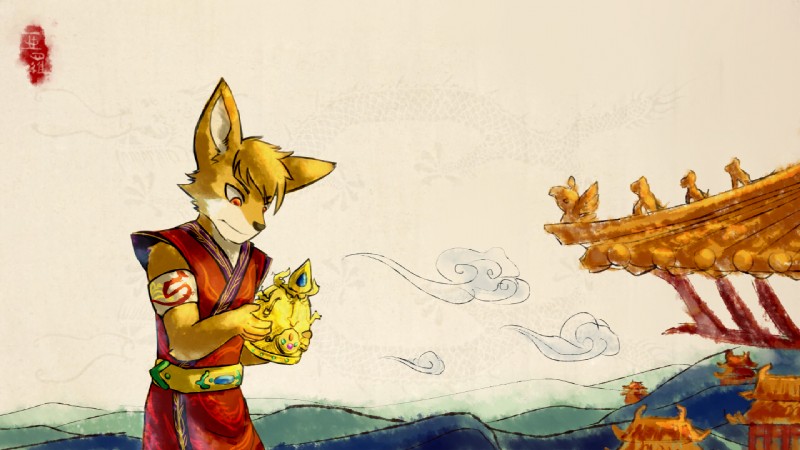 5_fingers anthro armband biped clothed clothing day fingers fully_clothed fur hair holding_object male orange_body orange_eyes orange_fur orange_hair outside scenery short_hair solo standing ainro canid canine fox mammal 16:9