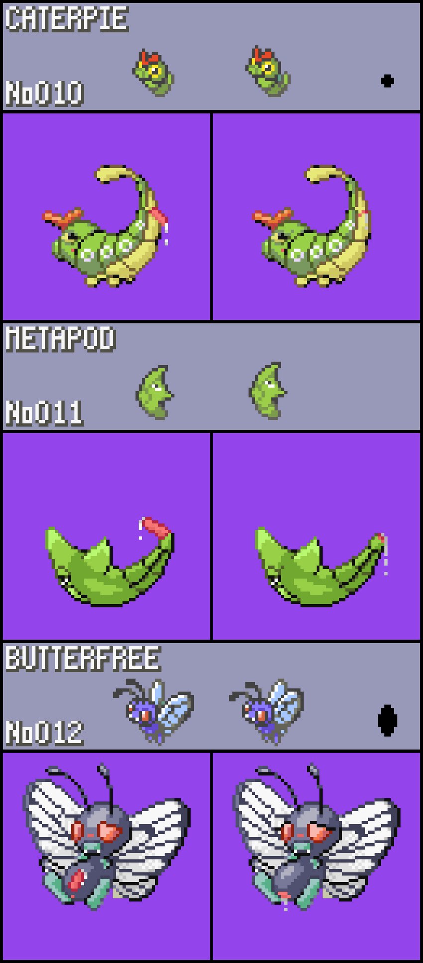 animal_genitalia antennae_(anatomy) arthropod_abdomen arthropod_abdomen_cloaca arthropod_abdomen_genitalia arthropod_abdomen_penis arthropod_abdomen_vulva blush bodily_fluids cloaca cum eyelashes female feral genital_fluids genitals green_body gui larva male penis purple_body red_eyes sprite sprite_art sprite_sheet vaginal_fluids vulva wings yellow_eyes bruhsugga nintendo pokemon arthropod butterfly butterfree caterpie caterpillar generation_1_pokemon insect lepidopteran metapod pokemon_(species) absurd_res digital_media_(artwork) hi_res pixel_(artwork)
