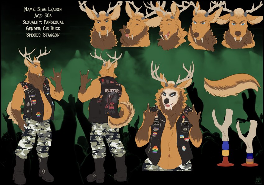 alternative_fashion anthro antlers bands belly body_modification boots bottomwear butt camo camo_bottomwear camo_clothing camo_print clothing corpse_paint devil_horns_(gesture) diagram double_devil_horns_(gesture) expressions fangs footwear fur furgonomics gesture hand_gesture highlights_(coloring) hooves horn lgbt_pride looking_at_viewer male metalhead navel nipples orange_body orange_fur pansexual patch_(fabric) patched_clothing pattern_bottomwear pattern_clothing pride_color_patch pride_colors progress_pride_colors rainbow_pride_colors shirtless shoes six-stripe_rainbow_pride_colors slightly_chubby smile solo teeth topwear vest cinnamomo stag_leason deer mammal absurd_res hi_res model_sheet