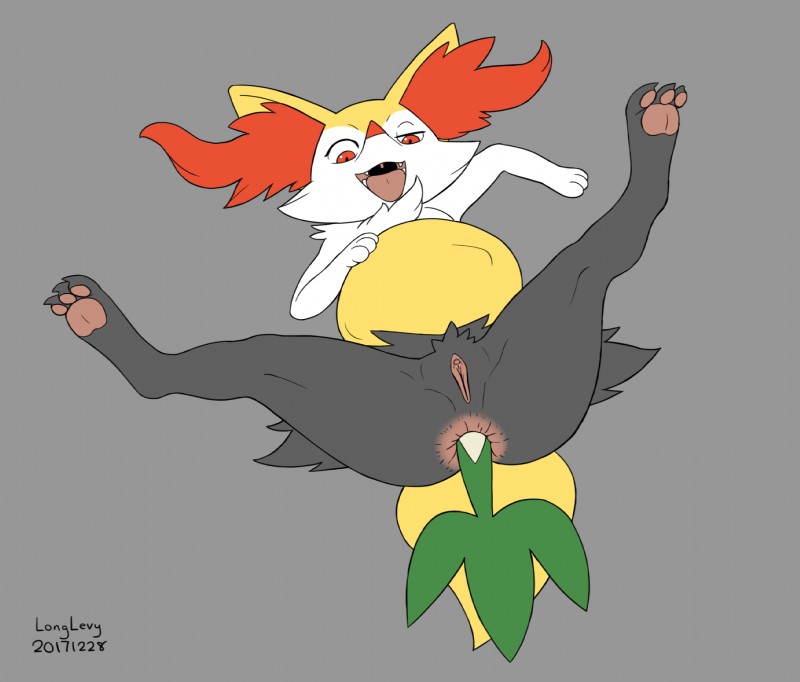 ambiguous_gender anal anal_vore anus belly big_belly butt chest_tuft clitoris duo female female/ambiguous female_focus female_pred feral genitals lying nude on_back pubes pussy simple_background smile solo_focus tongue tongue_out toony tuft vore longlevy nintendo pokemon braixen canid canine generation_5_pokemon generation_6_pokemon mammal pokemon_(species) reptile scalie snivy 2017 digital_media_(artwork) hi_res signature