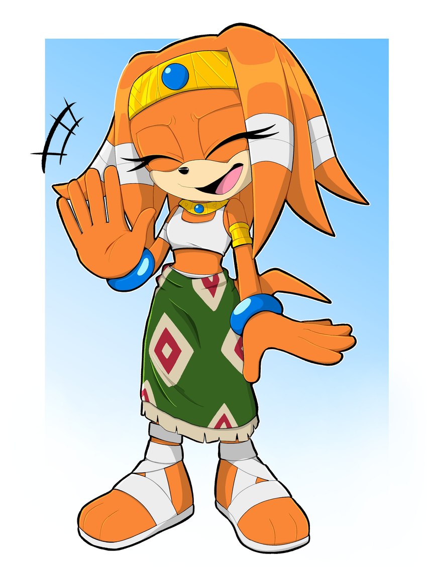 3_toes 5_fingers anthro clothing eyes_closed feet female fingers footwear gesture open_mouth open_smile sandals shoes simple_background smile solo toes waving alotaart sega sonic_adventure sonic_the_hedgehog_(series) tikal_the_echidna echidna mammal monotreme absurd_res hi_res