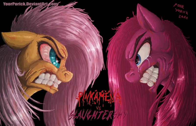 angry blood bloodshot_eyes blue_eyes bodily_fluids challenge_accepted confrontation creepy crying duo evil_grin eye_contact face_to_face faceoff female feral fur grimace hair long_hair looking_at_another nightmare_fuel nude pink_body pink_fur pink_hair playful scary side_view smile snarling symmetry tears yellow_body yellow_fur poor_yorick friendship_is_magic hasbro my_little_pony fluttershy_(mlp) pinkamena_(mlp) pinkie_pie_(mlp) earth_pony equid equine horse mammal pony digital_media_(artwork) headshot_portrait hi_res meme portrait warm_colors