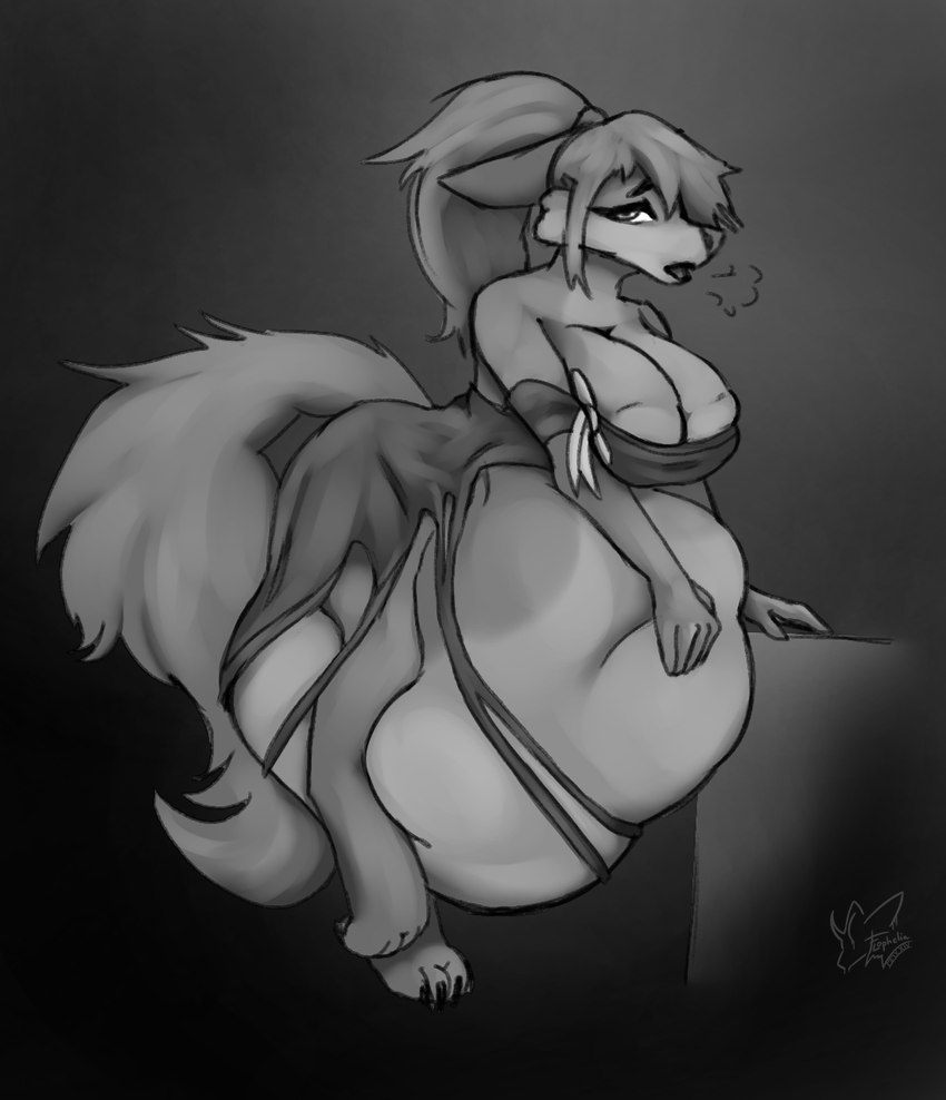 anthro anthro_pred belly big_belly big_breasts breasts destroyed_clothing exhausted exhaustion female female_pred long_tail looking_at_viewer ripping_clothing sigh sighing solo tail unseen_prey vore flophelia digital_media_(artwork) hi_res monochrome