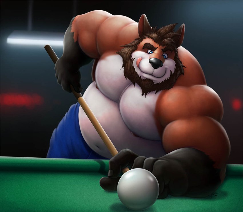 5_fingers anthro ball beard belly big_muscles billiard_ball billiard_table billiards blue_eyes brown_beard brown_facial_hair brown_hair clothed clothing cue_ball cue_stick eyebrows facial_hair fingernails fingers furniture hair inside looking_at_object looking_down male musclegut muscular muscular_anthro muscular_male nails nipples partially_clothed pecs solo table tongue tongue_out braford chocofox_colin canid canine fox mammal