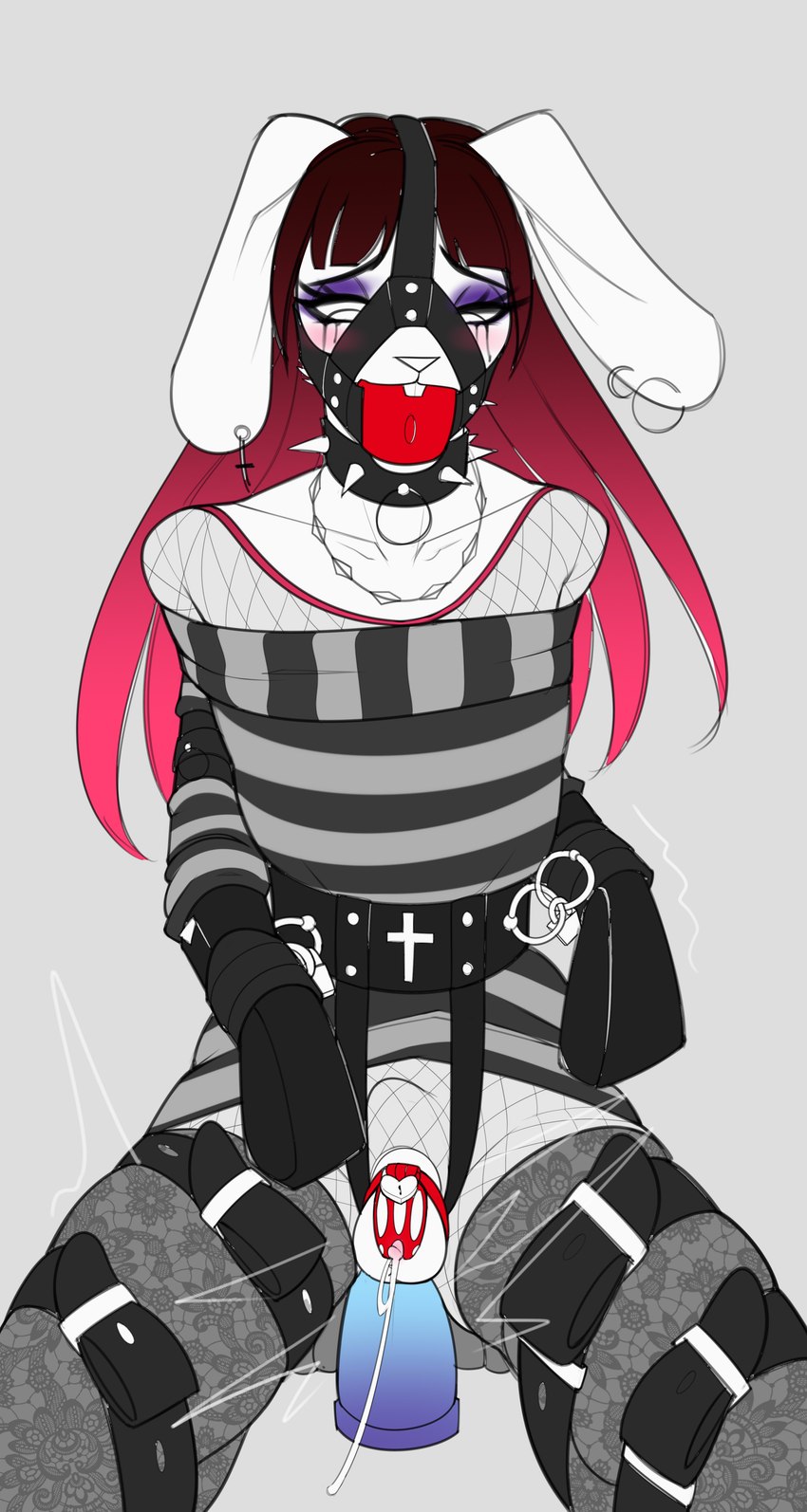 anthro balls bdsm bondage bound cage chastity_cage chastity_device clothed clothing crossdressing femboy gag gagged genitals harness legwear male penis solo stockings straps moddish lagomorph leporid mammal rabbit absurd_res hi_res