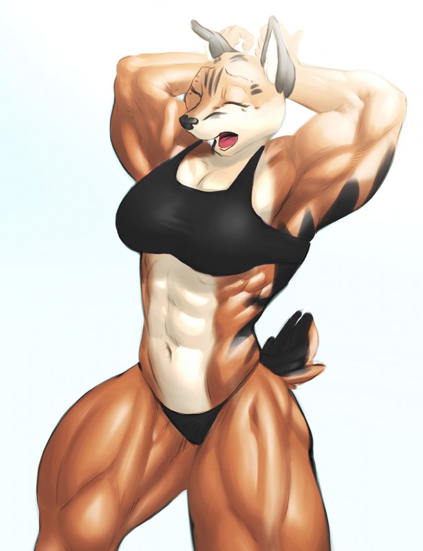 abs anthro breasts clothed clothing eyes_closed female muscular muscular_anthro muscular_female navel open_mouth pecs simple_background solo spreading standing tongue white_background yawn flecks canid canine fox mammal 2017 digital_media_(artwork) hi_res smaller_version_at_source