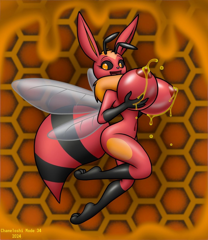 antennae_(anatomy) anthro big_breasts black_sclera bodily_fluids breasts female food honey_(food) honey_drip honey_on_breasts honey_on_nipples honeycomb honeycomb_background huge_breasts lactating lactating_honey looking_at_viewer membrane_(anatomy) membranous_wings navel nude solo thorax unusual_bodily_fluids unusual_lactation wings chameloshi nintendo pokemon arthropod bee eevee generation_1_pokemon hybrid hymenopteran insect pokemon_(species) hi_res