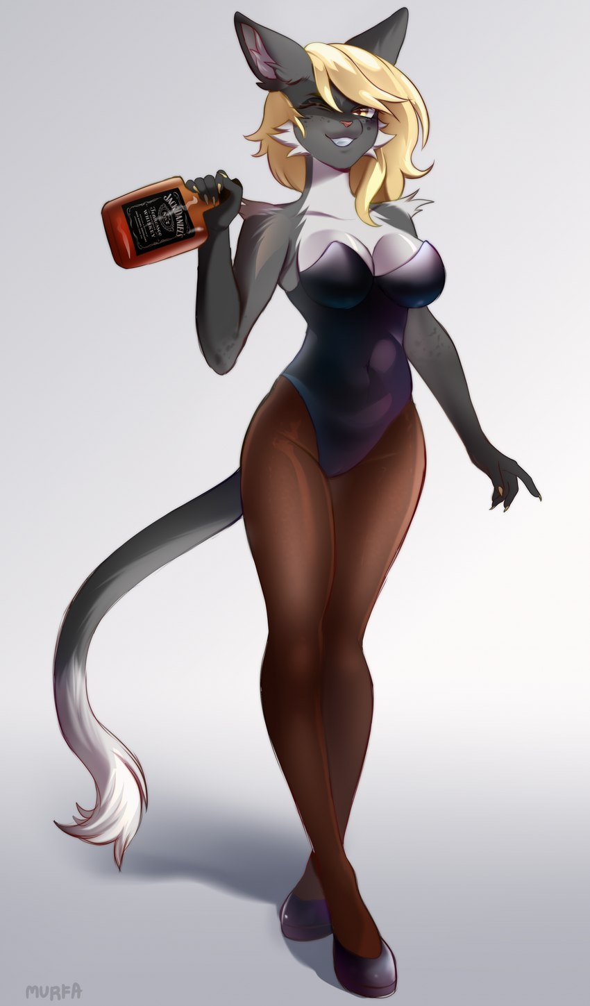 alcohol anthro beverage blonde_hair bodysuit breasts cat_tail cleavage clothed clothing female fluffy_shoulders footwear grey_background grey_body hair high_heels legwear shoes simple_background sketchy skinsuit solo stockings tight_clothing tights white_body murfa jack_daniel's carol_(vanrixie) felid feline mammal absurd_res guide_lines hi_res