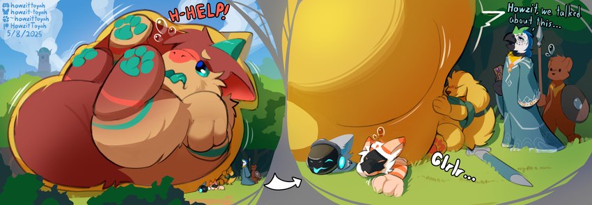 ambiguous_gender anthro anthro_pred black_mask blep blue_clothing blue_light blush bodily_fluids body_imprint bone book bottomless brown_body brown_fur calling_for_help clothed clothing dialogue extreme_size_difference face_imprint feathers feral feral_prey floppy_ears forest forest_background fur green_clothing green_horn green_insides green_pawpads green_tongue grey_body grey_fur group horn hyper_stomach imprint internal latex machine magic_user male male/male mask melee_weapon nature nature_background onomatopoeia oral_vore orange_body orange_fur paw_imprint pawpads plant pointy_ears polearm red_body red_fur scolding shield shirt shirt_only size_difference skull skull_mask smaller_pred sound_effects spear stuck sweat sweatdrop tan_body tan_fur text tight_fit tongue tongue_out topwear topwear_only tree unimpressed vore weapon white_body white_feathers yellow_body yellow_fur howzit_toyah mythology howzit_(character) avian bird bird_dog canid canine canis domestic_dog dragon furred_dragon furred_scalie golden_retriever hunting_dog latex_creature living_latex macaw mammal mustelid mythological_creature mythological_scalie neotropical_parrot otter parrot protogen retriever scalie true_parrot hi_res