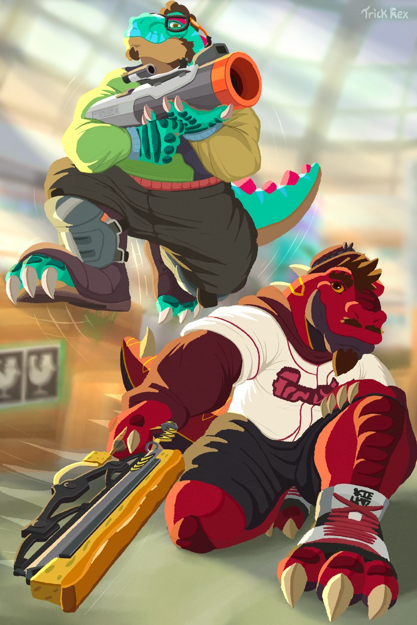 anthro biped black_body blaster_(splatoon) blue_markings blurred_background bottomwear brown_body brown_eyes brown_hair claws clothed clothing duo eyewear facial_hair feet gear glasses goatee green_body green_markings hair holding_object holding_weapon jumping looking_at_viewer male markings musclegut muscular muscular_anthro muscular_male mustache pants plantigrade protective_gear red_body s-blast scale_markings scales shows sideburns simple_background spikes splatana splatana_wiper tail text topwear weapon white_clothing yellow_sclera trick_rex nintendo splatoon imperion_drakon trick_rex_(character) dinosaur prehistoric_species reptile scalie theropod tyrannosaurid tyrannosauroid tyrannosaurus tyrannosaurus_rex 2023 2:3 absurd_res digital_drawing_(artwork) digital_media_(artwork) english_text hi_res huge_filesize signature