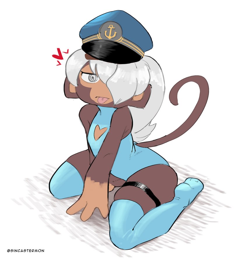 4_fingers admiral anthro blue_clothing brown_body brown_fur clothing exposed_thighs female fingers flat_chested fur grey_hair hair hair_over_eye half-closed_eyes hat headgear headwear heart_clothing heart_symbol kneeling legband legwear long_socks looking_at_viewer narrowed_eyes one-piece_swimsuit one_eye_obstructed plantigrade raised_tail seductive sitting solo spiral_eyes stockings straps swimwear tail thigh_highs thighband tongue tongue_out white_hair sincastermon bloons_tower_defense ninja_kiwi admiral_brickell haplorhine mammal monkey primate absurd_res hi_res