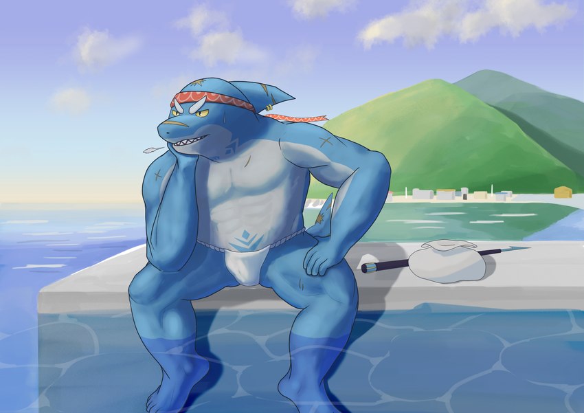 abs anthro asian_clothing clothing east_asian_clothing fin fisherman fundoshi japanese_clothing kerchief male muscular muscular_anthro muscular_male pecs pier solo underwear water 581rsiy lifewonders live_a_hero isaribi fish marine shark hi_res