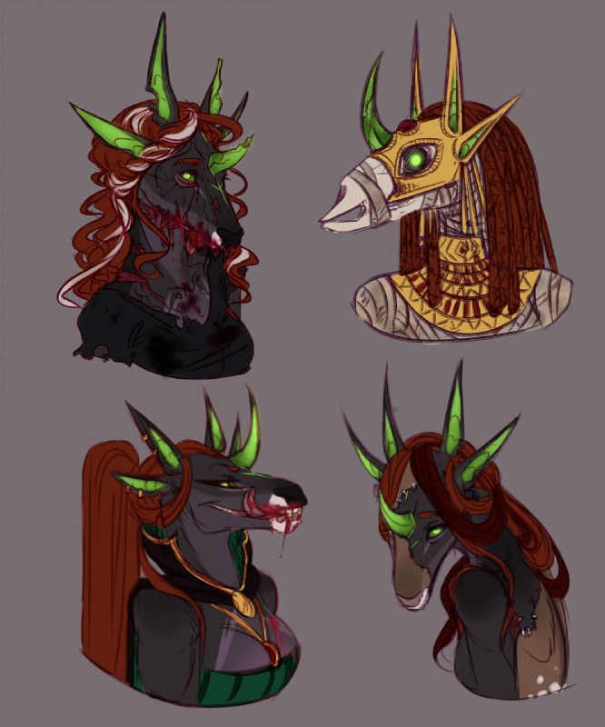 ambiguous_gender anthro blood bodily_fluids dreadlocks female gore group horn mask smile wounded adeloo mythology equid equine horse hybrid mammal mythological_creature mythological_equine undead unicorn zombie hi_res