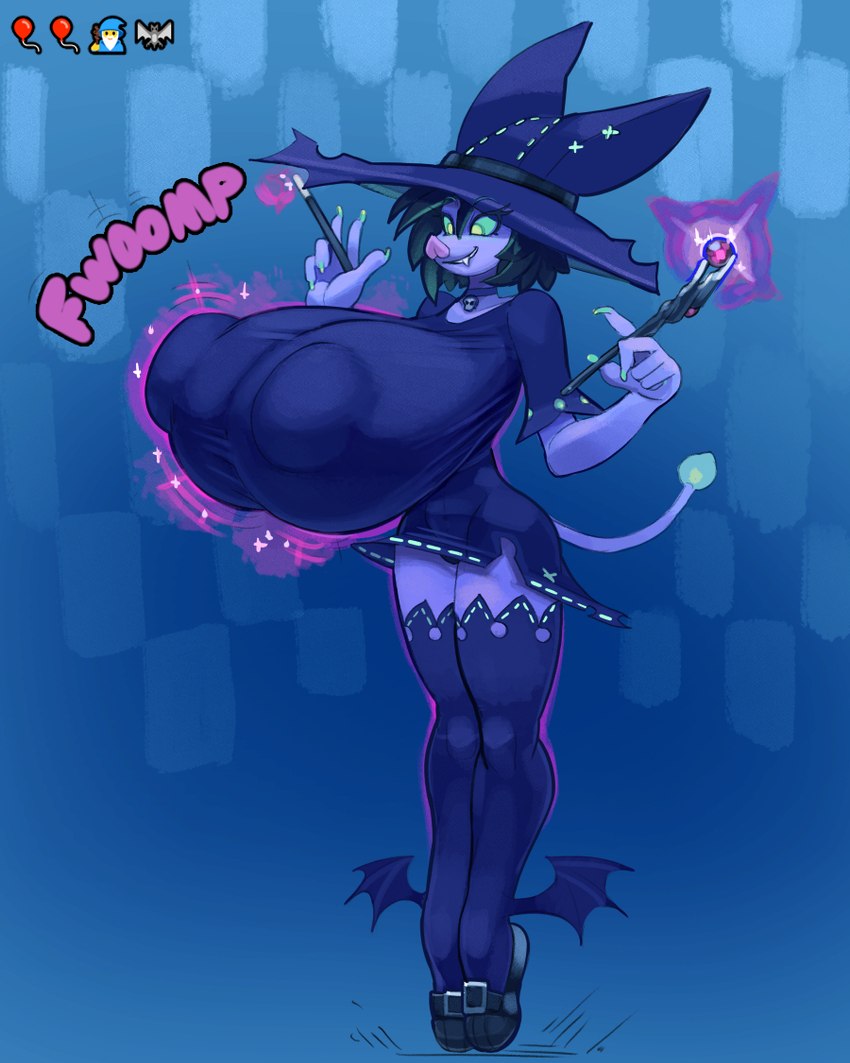 abstract_background anthro big_breasts biped breast_expansion breasts clothed clothing emoji expansion female hat headgear headwear huge_breasts magic nipple_outline solo sound_effects standing tail text wand witch_hat snao bat mammal 2024 english_text