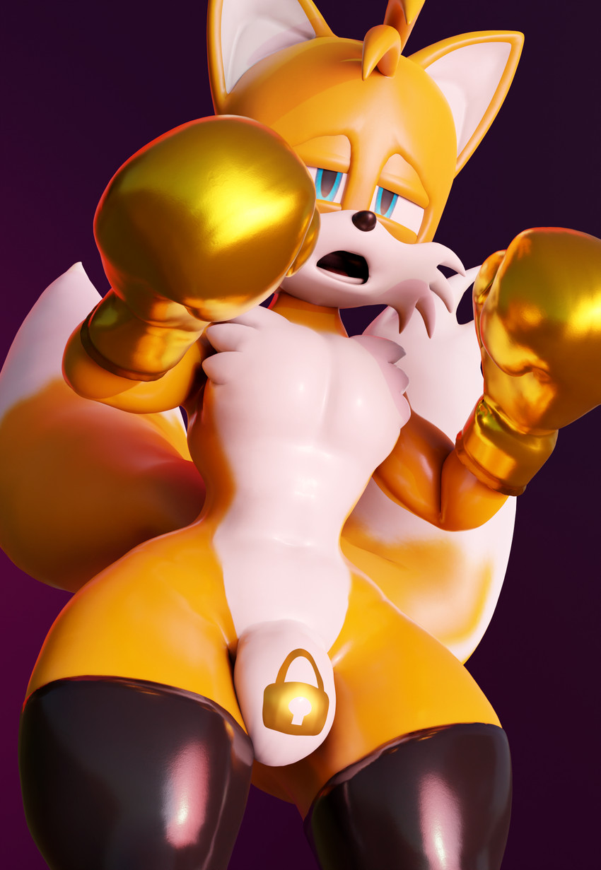 anthro boxing_gloves bulge clothing dazed femboy glistening glistening_body handwear latex legwear lock_symbol locked male null null_bulge solo sport thigh_highs tailsltx kabalmystic_(modeler) sega sonic_the_hedgehog_(series) miles_prower canid canine fox mammal 2024 3d_(artwork) absurd_res digital_media_(artwork) hi_res