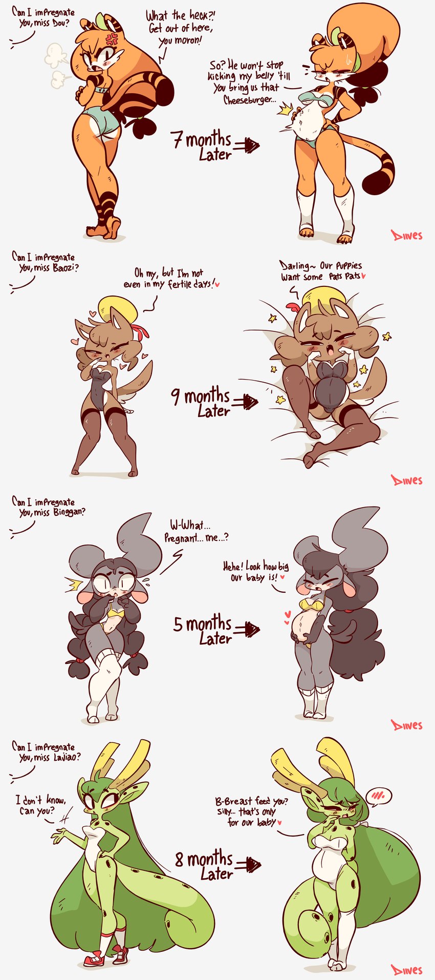 anthro before_and_after bra clothing countershading female impregnation_request legwear leotard mature_female panties pregnant pregnant_anthro pregnant_female smile solo stated_paternity tail text thick_thighs tights underwear wide_hips diives mythology xingzuo_temple baozi_(diives) binggan_(diives) dou_(diives) lajiao_(diives) canid canine canis domestic_dog dragon mammal mythological_creature mythological_scalie scalie absurd_res english_text hi_res mother_(lore) parent_(lore)