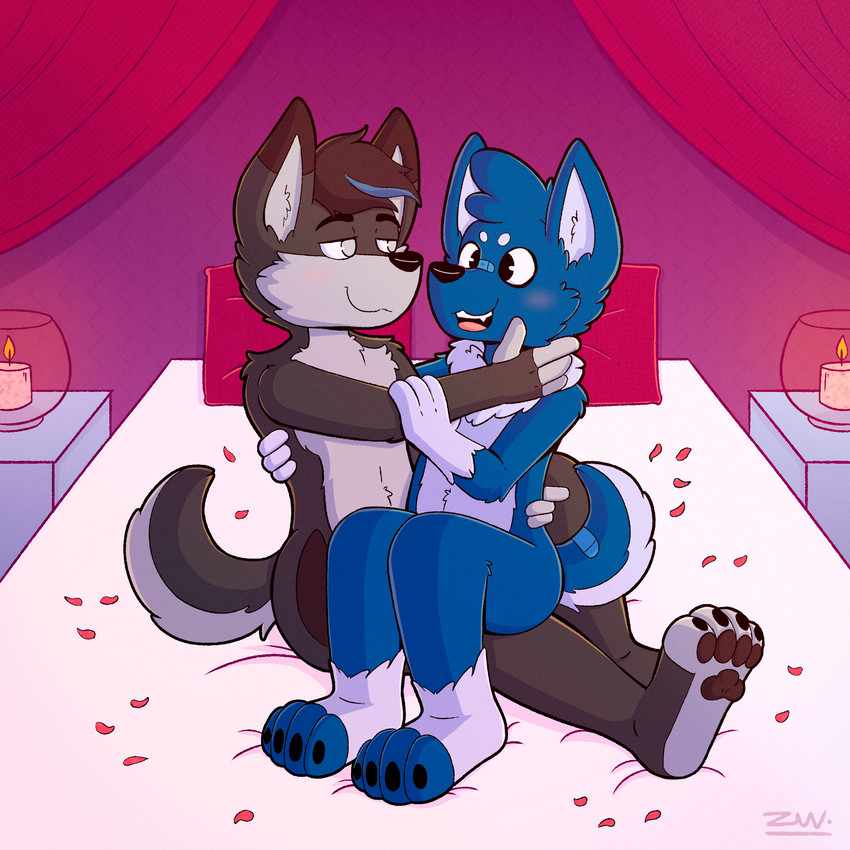 anthro bed bedroom blush duo fur furniture male male/male romantic romantic_couple smile standing wolfyzeeb jossmar zeeb_wolfy canid canine canis mammal wolf 1:1 hi_res