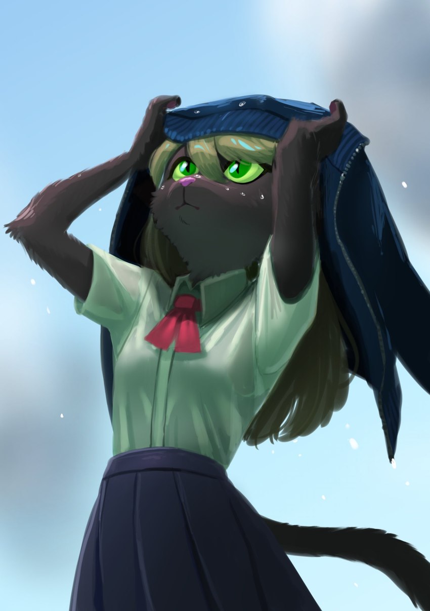 anthro black_body black_fur blonde_hair bottomwear clothing female fur green_eyes green_sclera hair holding_clothing holding_jacket holding_object holding_topwear jacket skirt solo topwear uniform wet 20daysapple domestic_cat felid feline felis mammal 2021 hi_res