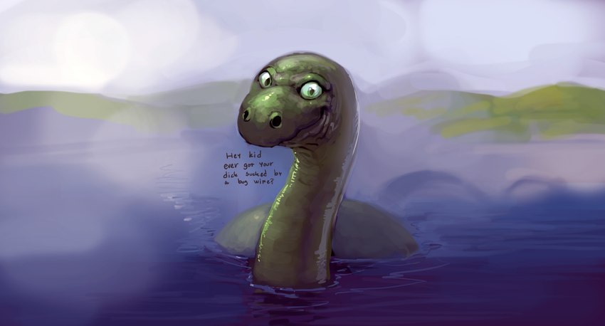 ambiguous_gender dialogue dirty_talk feral fog green_body green_skin lake looking_at_viewer solo text water meandraco hey_kid_ever_had_ya_dick_sucked sea_monster english_text hi_res