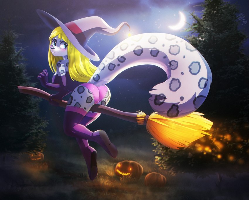 anthro blonde_hair blue_eyes breasts broom butt cleaning_tool clothing detailed_background female flying food fruit grass hair hat headgear headwear holidays long_tail moon night outside plant pumpkin solo star tail tree underwear witch_hat dannyckoo tresertf halloween sheila_snowmew felid mammal pantherine snow_leopard 2016