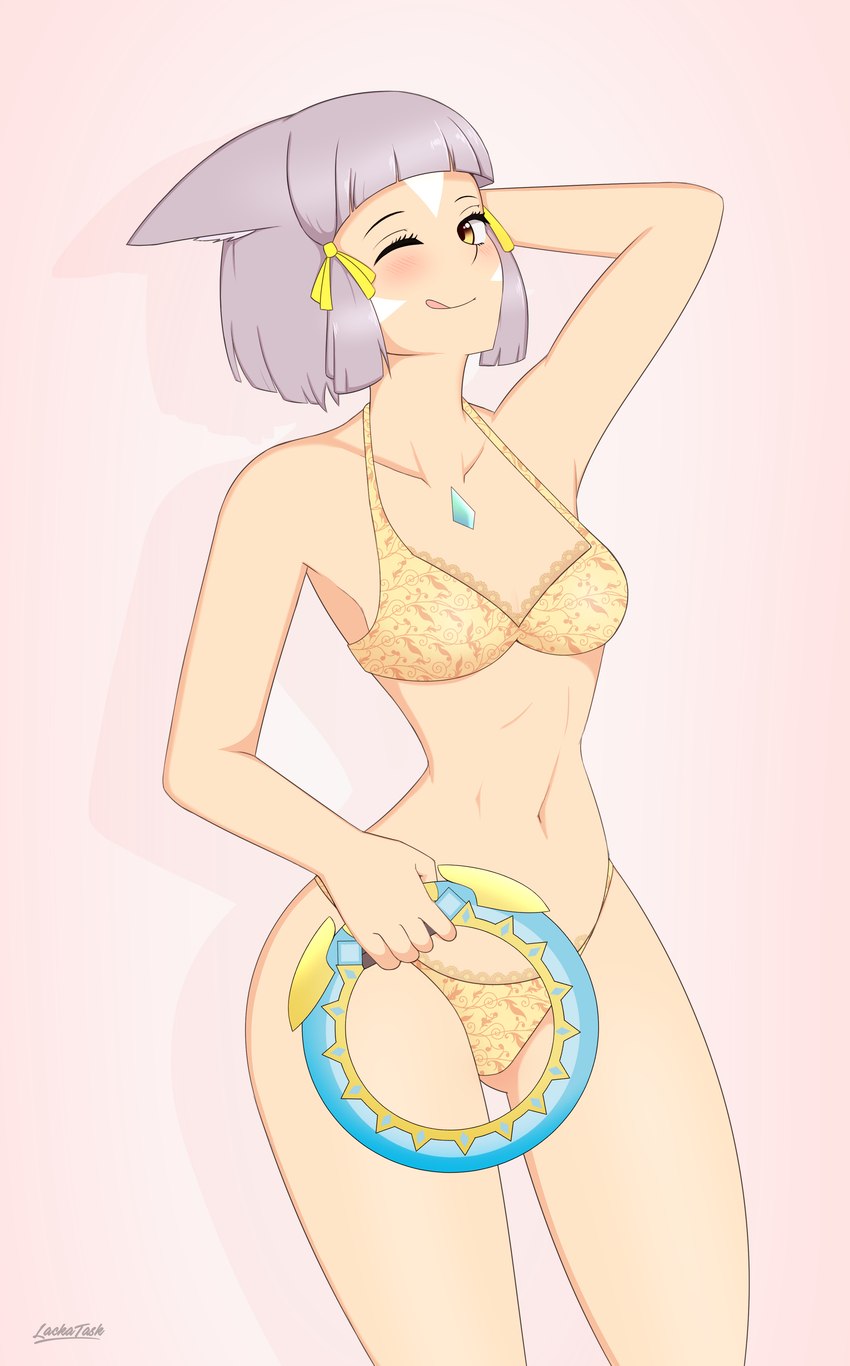 bikini blush breasts chakram chest_gem clothed clothing facial_markings female gem hair head_markings markings midriff navel one_eye_closed purple_hair solo spoiler swimwear tongue tongue_out two-piece_swimsuit wink yellow_eyes lackatask xenoblade_(series) xenoblade_chronicles_2 nia_(xenoblade) animal_humanoid blade_(xenoblade) cat_humanoid felid felid_humanoid feline feline_humanoid gormotti humanoid mammal mammal_humanoid absurd_res hi_res