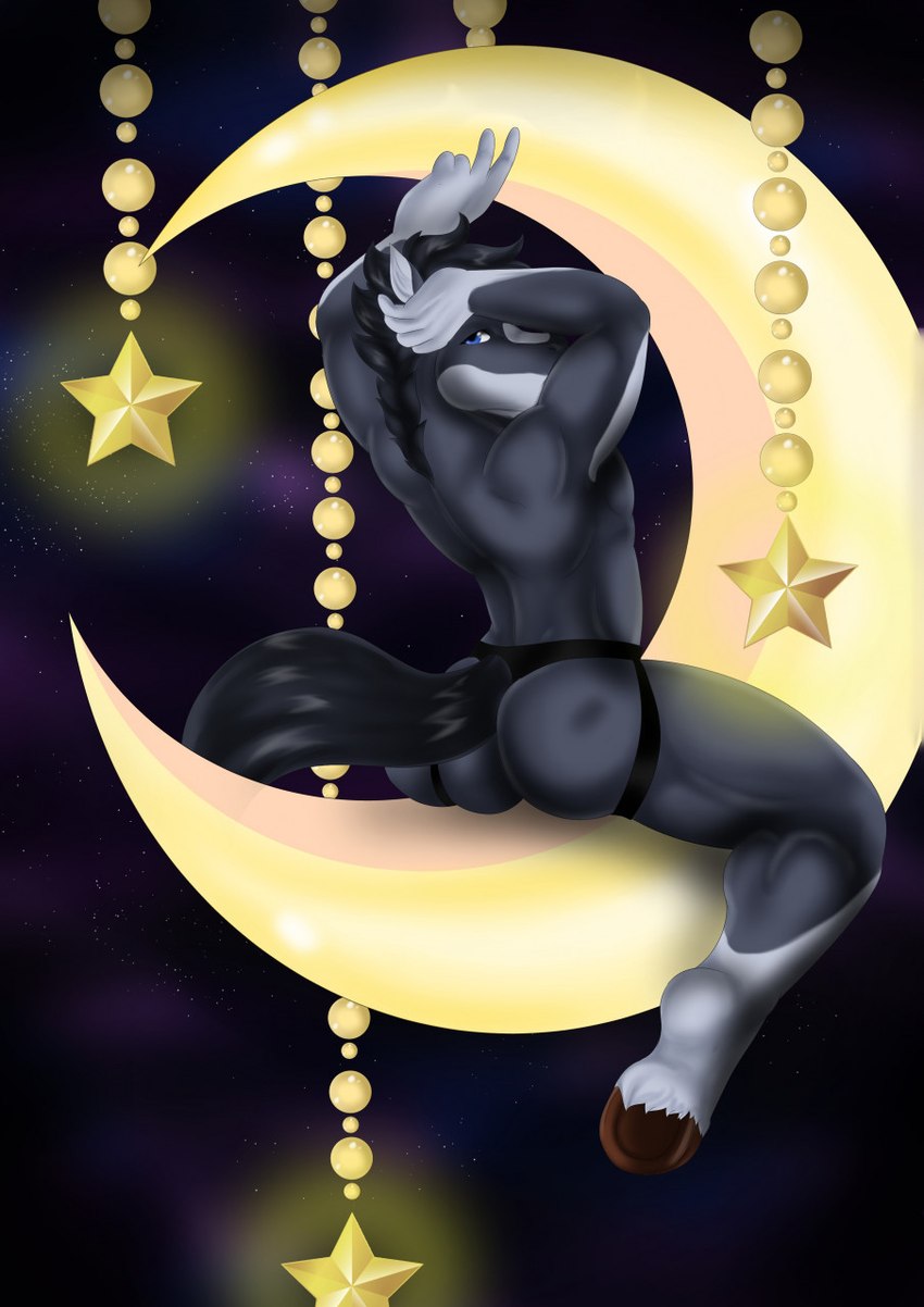 anthro black_body black_fur black_hair blue_eyes brown_hooves butt clothing cosmic_background decoration fur gloves_(marking) hair hands_behind_head hanging_stars hooves jockstrap leg_markings looking_at_viewer looking_back male markings moon muscular muscular_anthro muscular_male socks_(marking) solo star star_decoration starry_background underwear white_markings checkhoff joel_breton equid equine horse mammal hi_res