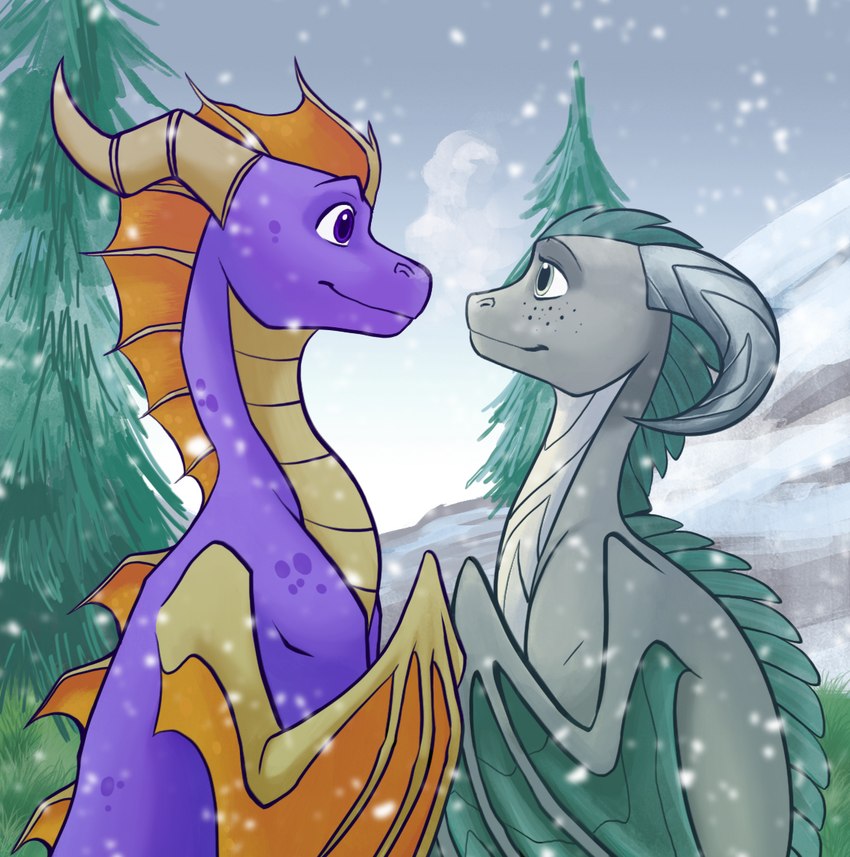 2_horns duo female feral horn male membrane_(anatomy) membranous_wings plant snow spikes spikes_(anatomy) tree wings xannador activision mythology spyro_the_dragon the_legend_of_spyro fan_character spyro dragon mythological_creature mythological_scalie scalie 2021 dated