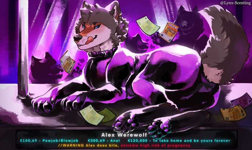 ambiguous_gender clothed clothed_feral clothing feral latex latex_clothing latex_skinsuit money nightclub pole skinsuit solo stripper stripper_pole text throwing_money tight_clothing lynx_scenting alex_(alexwerewolf_ad) canid canine canis mammal wolf english_text hi_res