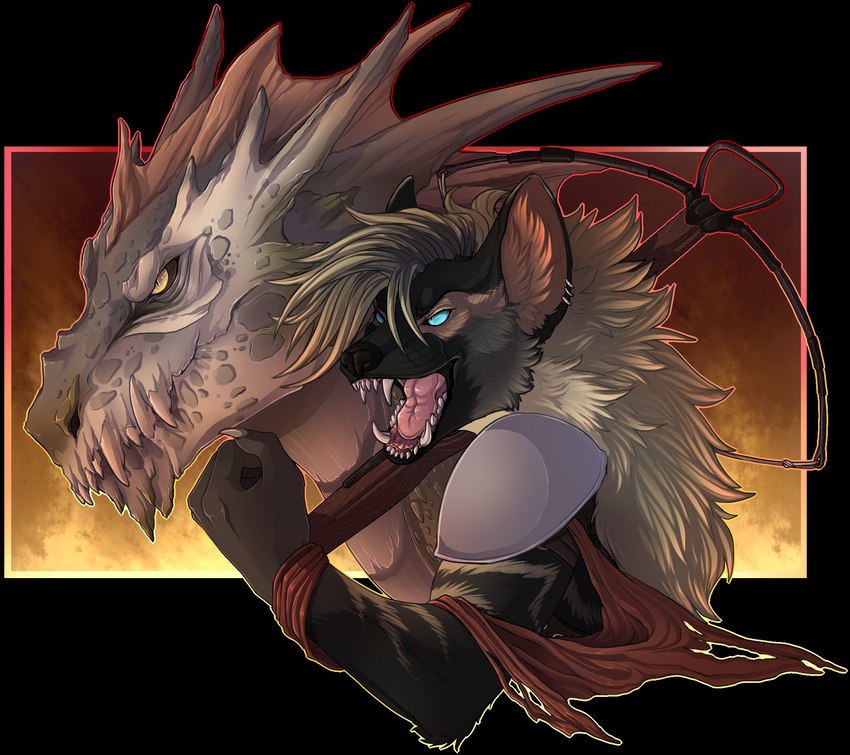 ambiguous_gender anthro blue_eyes claws crossbow duo ear_piercing ear_ring horn open_mouth piercing ranged_weapon ring_piercing smile spines tan_eyes teeth tongue weapon archery_(artist) mythology dragon hyena mammal mythological_creature mythological_scalie scalie 2022 alpha_channel digital_media_(artwork) hi_res