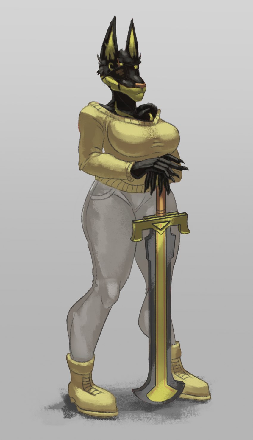 anthro big_breasts black_body black_fur bottomwear breasts clothed clothing denim denim_bottomwear denim_clothing eye_patch eye_scar eyewear facial_scar female footwear fur grey_background grey_bottomwear grey_clothing grey_jeans grey_pants holding_melee_weapon holding_object holding_sword holding_weapon jeans markings melee_weapon pants scar shoes simple_background solo sweater sword thick_thighs topwear weapon wide_hips yellow_body yellow_clothing yellow_footwear yellow_fur yellow_markings yellow_shoes yellow_sweater yellow_topwear crunchybeast nintendo the_legend_of_zelda wind_waker canid darknut mammal absurd_res hi_res