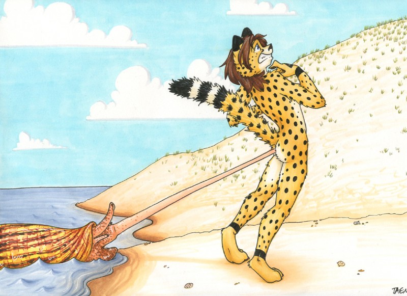 anthro duo feral imminent_vore male paralyzing tail vore taen kibacheetah aquatic_gastropod cheetah cone_snail felid feline gastropod mammal marine mollusk sea_snail snail 2011 traditional_media_(artwork)