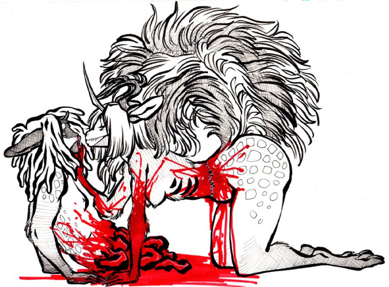 blood blood_on_body blood_pool bodily_fluids disembowelment dismemberment duo female fur glamfur gore gore_focus guts intestines kissing nude organs simple_background tail transplant white_background chival savannah_horrocks savvicorn deer mammal black_and_white_and_red