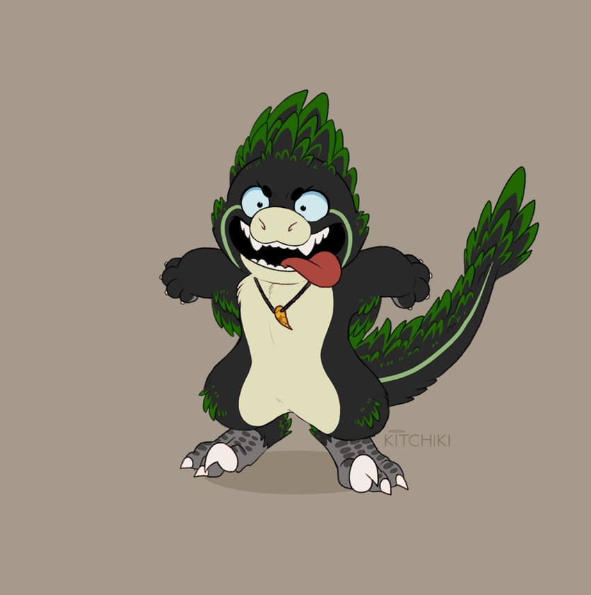 anthro black_body claws feathers jewelry necklace solo tongue tongue_out kitchiki disney pixar turning_red ferro_(ferrosaur) dinosaur dromaeosaurid prehistoric_species reptile scalie theropod utahraptor nonbinary_(lore)