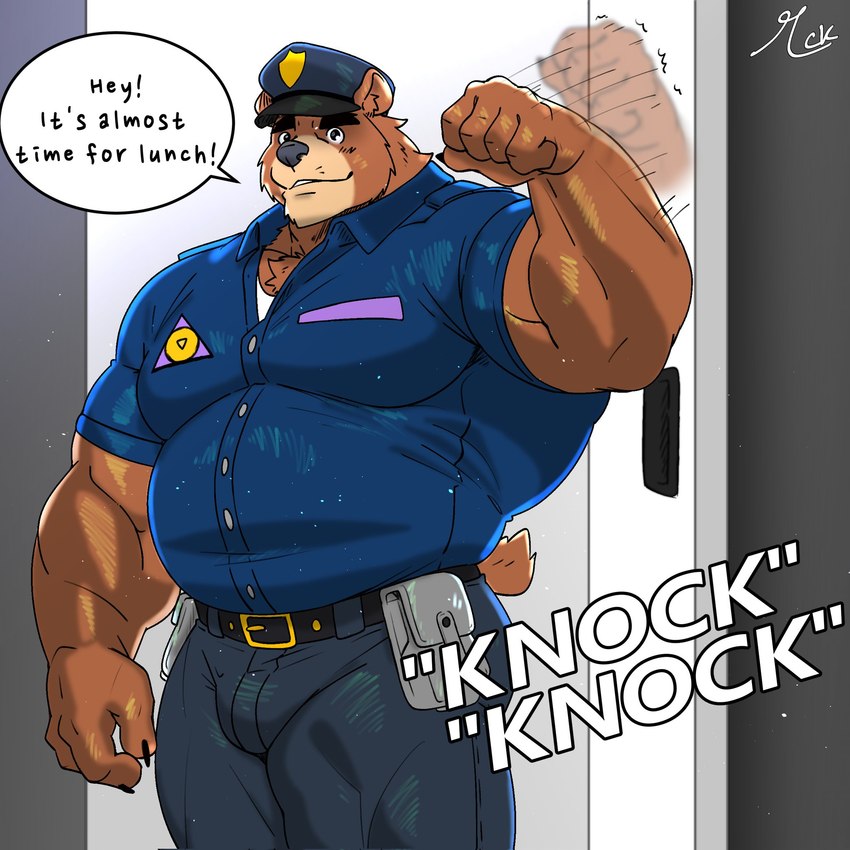 barazoku black_nose bottomwear brown_body brown_fur bulge clothing dialogue fur hat headgear headwear kemono pants police police_hat police_uniform shirt solo text topwear uniform meloncookie_24 brok_the_investigator cowcat_games r.j._(brok_the_investigator) bear mammal 1:1 2025 english_text hi_res