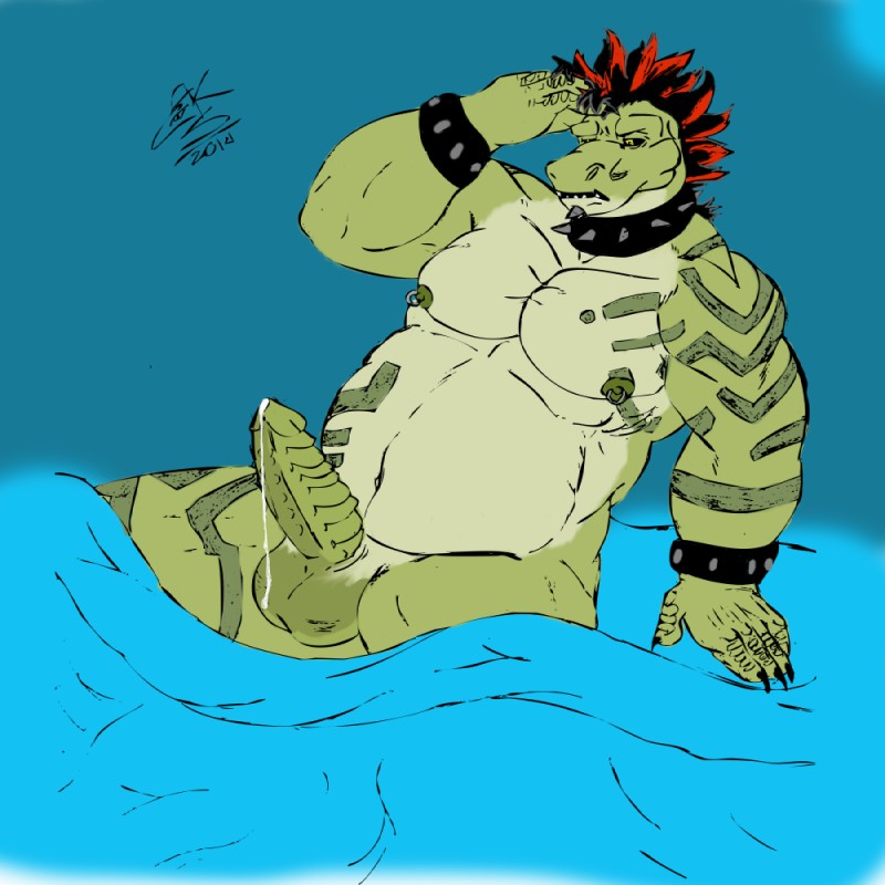 anthro balls bed belly bodily_fluids erection furniture genital_fluids genitals male markings musclegut muscular nipple_piercing nipples overweight overweight_anthro overweight_male penis piercing precum ridged_penis simple_background slightly_chubby solo vanshart chapu komodo_dragon lizard monitor_lizard reptile scalie 1:1