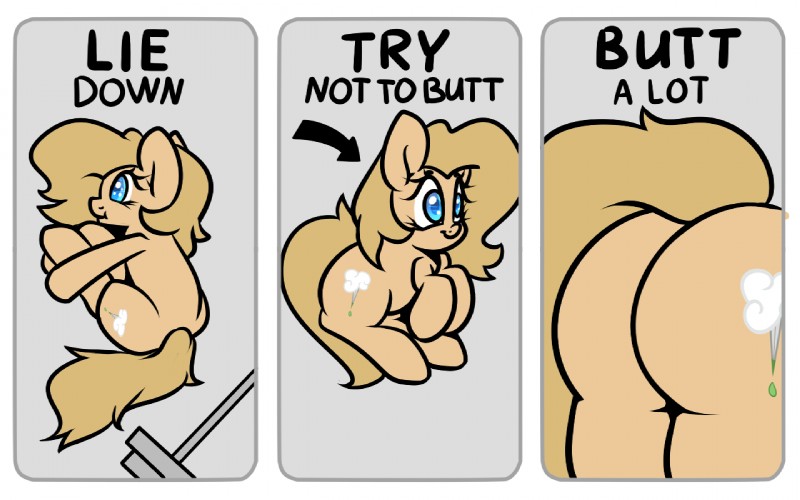 blue_eyes butt curled cutie_mark female feral fur hair simple_background solo tan_body tan_fur tan_hair text slavedemorto hasbro my_little_pony backy_(mlp) fan_character earth_pony equid equine horse mammal pony 16:10 english_text widescreen