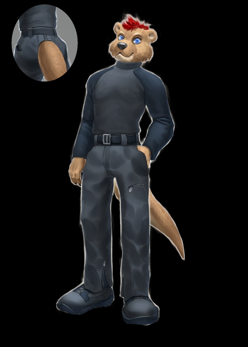 anthro belt black_nose blue_eyes boots bottomwear cargo_pants claws clothed clothing combat_boots combat_shirt cutaway finger_claws footwear fully_clothed fur hair hand_in_pocket long_sleeve_shirt long_sleeves looking_at_viewer male pants pockets red_hair shoes smile smiling_at_viewer solo tactical_pants tail tan_body tan_fur dsw7 schwartz_otter lontra mammal mustelid north_american_river_otter otter river_otter 2023 alpha_channel hi_res