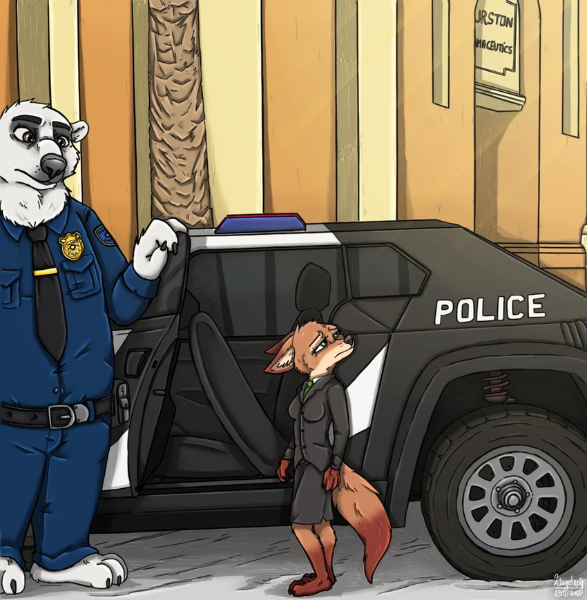 anthro brown_eyes car clothing duo female fur green_eyes male motor_vehicle orange_body orange_fur police police_car police_uniform police_vehicle street uniform vehicle white_body white_fur ziegelzeig disney zootopia mrs._wilde bear canid canine fox mammal polar_bear ursine 2022