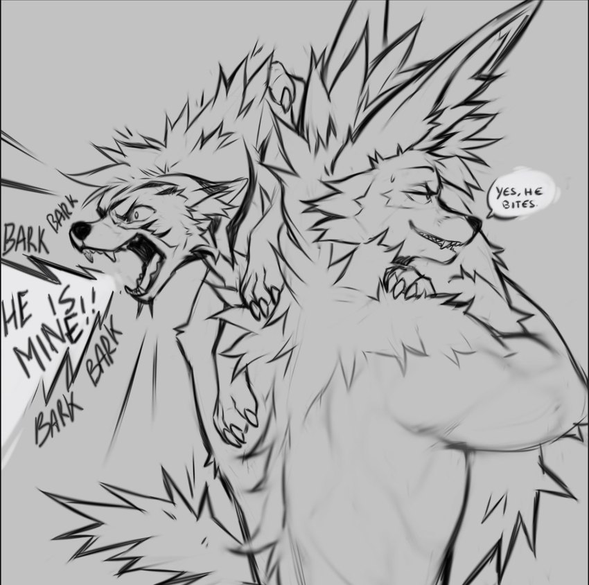 angry anthro barking black_nose carrying_another carrying_partner claws clothed clothing dialogue duo fur grey_background male muscular muscular_anthro muscular_male nails open_mouth pointy_ears prick_ears rear_view sharp_nails sharp_teeth simple_background smile snout speech_bubble tail teeth text topless topless_anthro topless_male angiewolf mythology canid canine canis mammal mythological_canine mythological_creature werecanid werecanine werecreature werewolf wolf 2023 black_and_white english_text hi_res monochrome