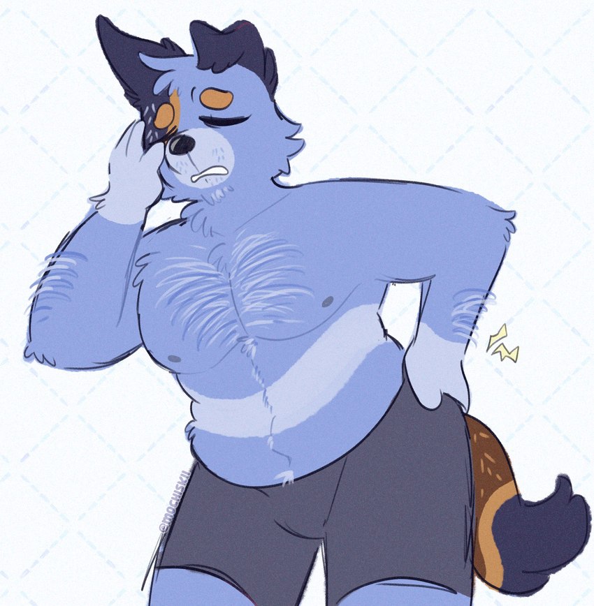 anthro blue_body blue_fur bottomwear clothed clothing eyes_closed fur male shorts simple_background slightly_chubby slightly_chubby_anthro slightly_chubby_male solo tired topless topless_anthro topless_male white_background mochiskii bluey_(series) stripe_heeler australian_cattle_dog canid canine canis cattledog domestic_dog herding_dog mammal pastoral_dog 2024 hi_res