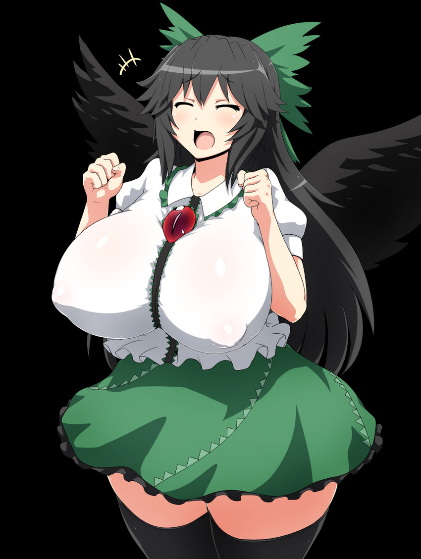 absolute_territory accessory big_breasts black_body black_feathers black_hair bottomwear bow_(feature) bow_accessory bow_ribbon breasts centered_hair_bow clothed clothing eyes_closed feathered_wings feathers female fully_clothed hair hair_accessory hair_bow hair_ribbon huge_breasts legwear light_body light_skin long_hair monotone_hair nipple_outline open_mouth ribbons shirt simple_background skirt solo standing stockings tight_clothing topwear transparent_background wings jadf touhou utsuho_reiuji animal_humanoid avian avian_humanoid bird_humanoid humanoid alpha_channel hi_res